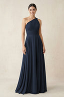 One - Shoulder A - Line Pleated Chiffon Bridesmaid Dress in Dark Navy - KissProm Bridesmaid Dresses