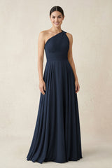 One - Shoulder A - Line Pleated Chiffon Bridesmaid Dress in Dark Navy - KissProm Bridesmaid Dresses