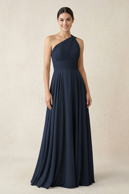 One - Shoulder A - Line Pleated Chiffon Bridesmaid Dress in Dark Navy - KissProm Bridesmaid Dresses