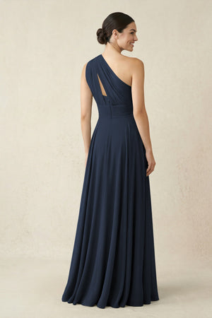 One - Shoulder A - Line Pleated Chiffon Bridesmaid Dress in Dark Navy - KissProm Bridesmaid Dresses