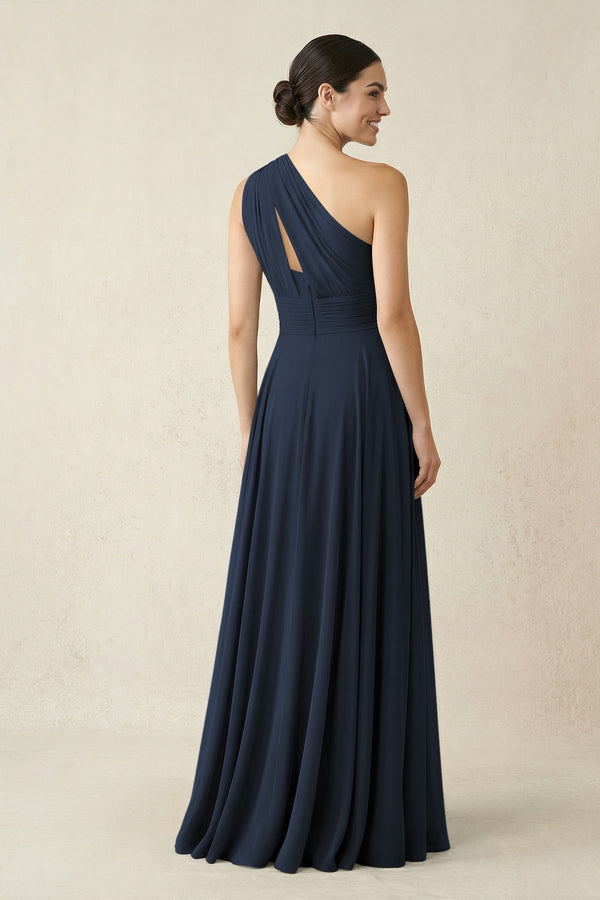 One - Shoulder A - Line Pleated Chiffon Bridesmaid Dress in Dark Navy - KissProm Bridesmaid Dresses