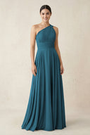 One - Shoulder A - Line Pleated Chiffon Bridesmaid Dress in Dark Teal - KissProm Bridesmaid Dresses