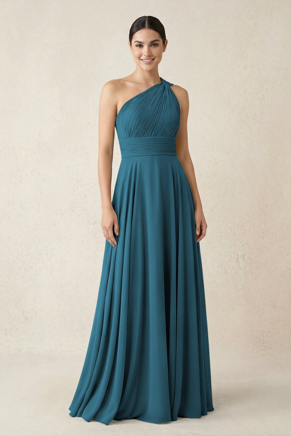 One - Shoulder A - Line Pleated Chiffon Bridesmaid Dress in Dark Teal - KissProm Bridesmaid Dresses