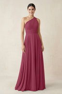 One - Shoulder A - Line Pleated Chiffon Bridesmaid Dress in Desert Rose - KissProm Bridesmaid Dresses