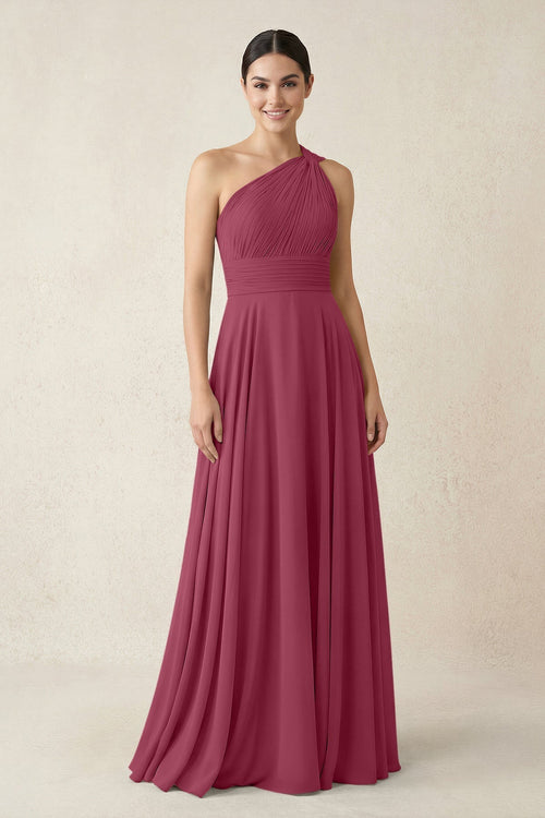 One - Shoulder A - Line Pleated Chiffon Bridesmaid Dress in Desert Rose - KissProm Bridesmaid Dresses