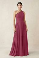 One - Shoulder A - Line Pleated Chiffon Bridesmaid Dress in Desert Rose - KissProm Bridesmaid Dresses