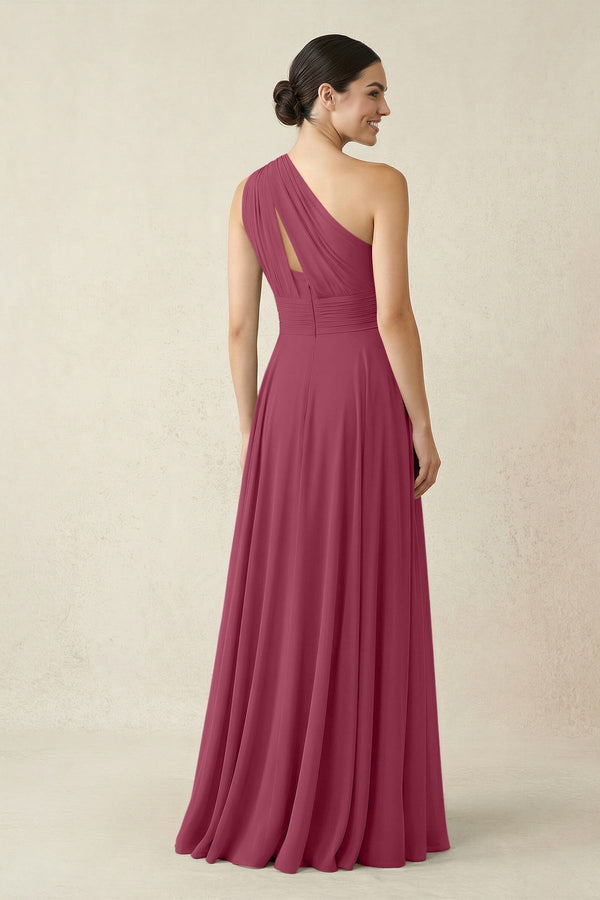 One - Shoulder A - Line Pleated Chiffon Bridesmaid Dress in Desert Rose - KissProm Bridesmaid Dresses