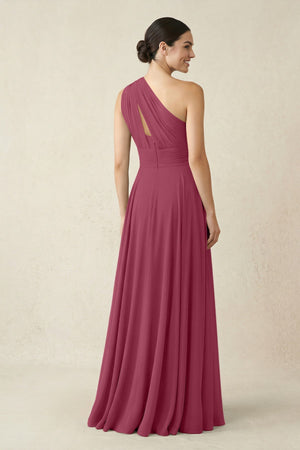 One - Shoulder A - Line Pleated Chiffon Bridesmaid Dress in Desert Rose - KissProm Bridesmaid Dresses