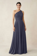 One - Shoulder A - Line Pleated Chiffon Bridesmaid Dress in Dusk Blue - KissProm Bridesmaid Dresses
