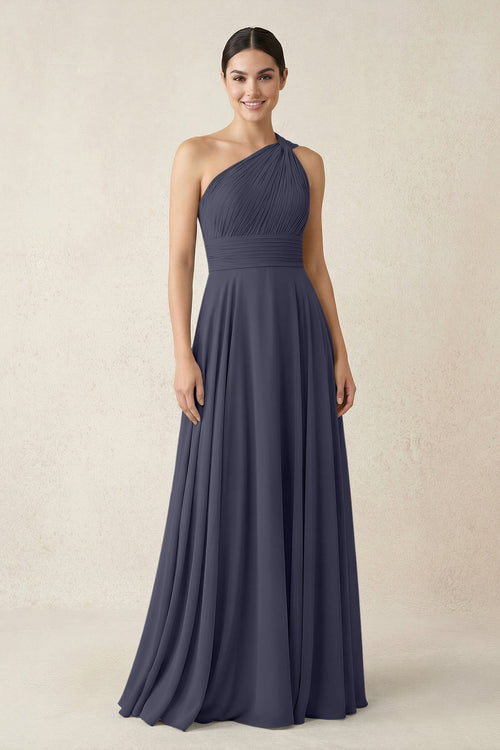 One - Shoulder A - Line Pleated Chiffon Bridesmaid Dress in Dusk Blue - KissProm Bridesmaid Dresses