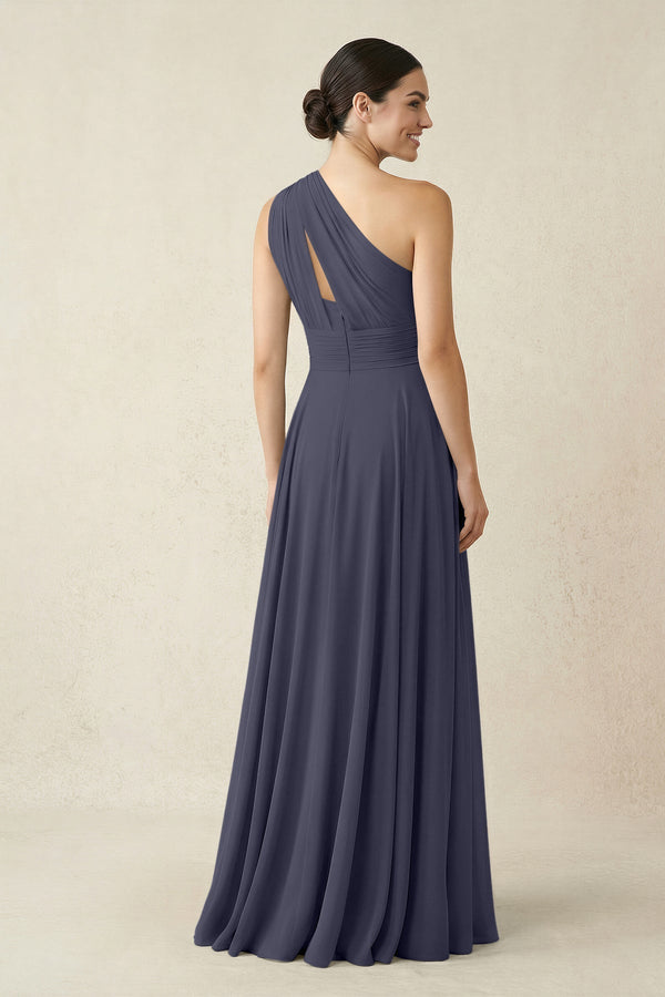 One - Shoulder A - Line Pleated Chiffon Bridesmaid Dress in Dusk Blue - KissProm Bridesmaid Dresses