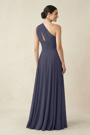 One - Shoulder A - Line Pleated Chiffon Bridesmaid Dress in Dusk Blue - KissProm Bridesmaid Dresses