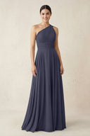 One - Shoulder A - Line Pleated Chiffon Bridesmaid Dress in Dusk Blue - KissProm Bridesmaid Dresses