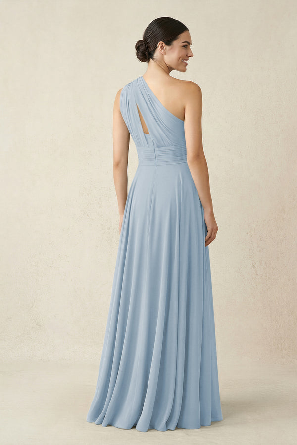 One - Shoulder A - Line Pleated Chiffon Bridesmaid Dress in Dusty Blue - KissProm Bridesmaid Dresses