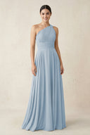 One - Shoulder A - Line Pleated Chiffon Bridesmaid Dress in Dusty Blue - KissProm Bridesmaid Dresses