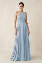 One - Shoulder A - Line Pleated Chiffon Bridesmaid Dress in Dusty Blue - KissProm Bridesmaid Dresses