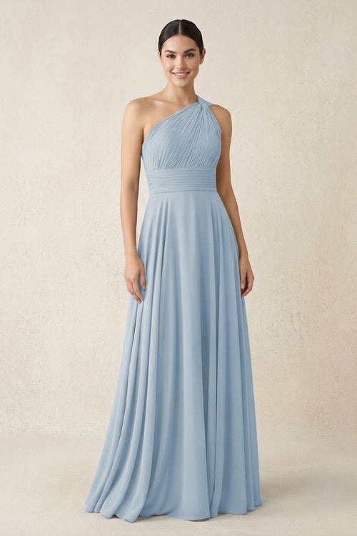 One - Shoulder A - Line Pleated Chiffon Bridesmaid Dress in Dusty Blue - KissProm Bridesmaid Dresses