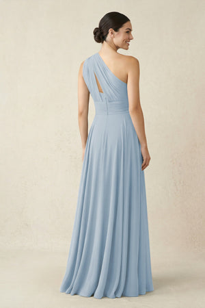 One - Shoulder A - Line Pleated Chiffon Bridesmaid Dress in Dusty Blue - KissProm Bridesmaid Dresses