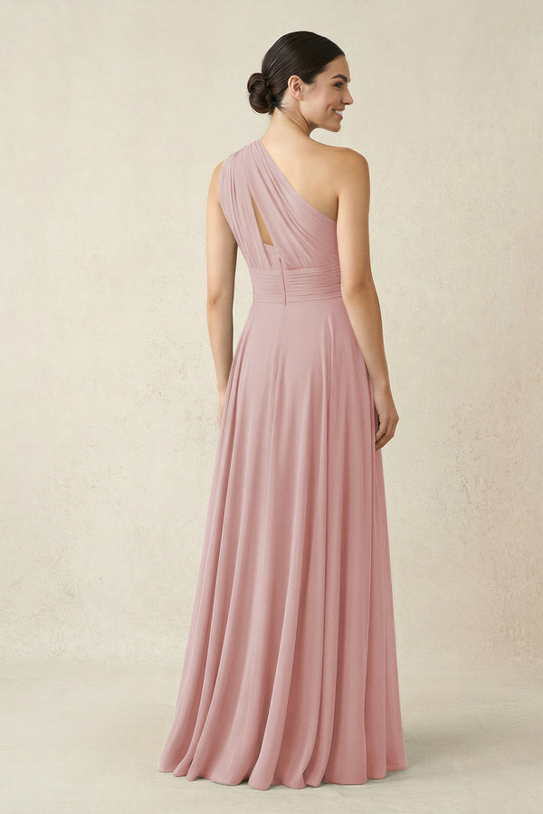 One - Shoulder A - Line Pleated Chiffon Bridesmaid Dress in Dusty Rose - KissProm Bridesmaid Dresses