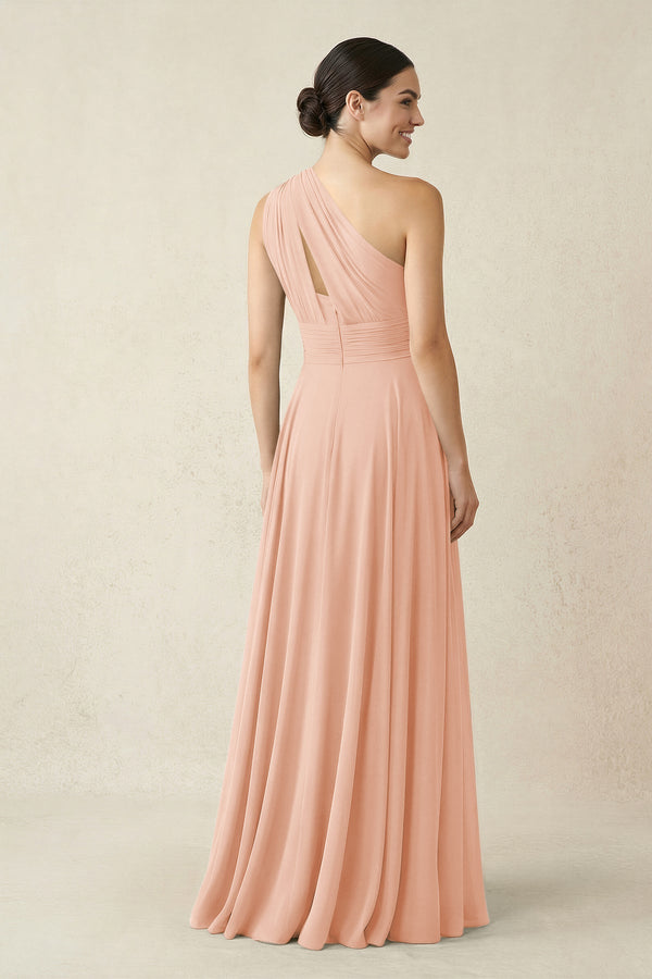 One - Shoulder A - Line Pleated Chiffon Bridesmaid Dress in English Rose - KissProm Bridesmaid Dresses