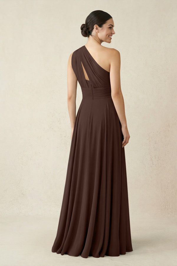 One - Shoulder A - Line Pleated Chiffon Bridesmaid Dress in Espresso - KissProm Bridesmaid Dresses