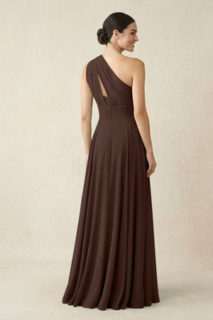 One - Shoulder A - Line Pleated Chiffon Bridesmaid Dress in Espresso - KissProm Bridesmaid Dresses