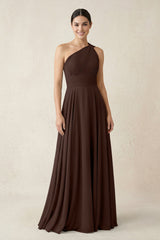 One - Shoulder A - Line Pleated Chiffon Bridesmaid Dress in Espresso - KissProm Bridesmaid Dresses