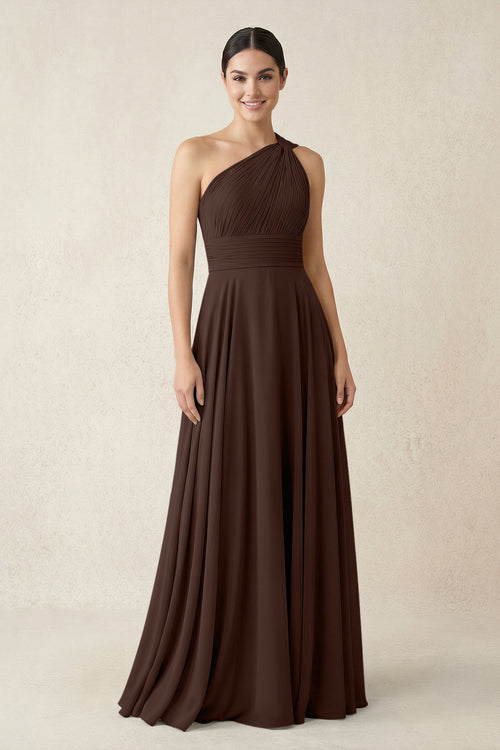 One - Shoulder A - Line Pleated Chiffon Bridesmaid Dress in Espresso - KissProm Bridesmaid Dresses