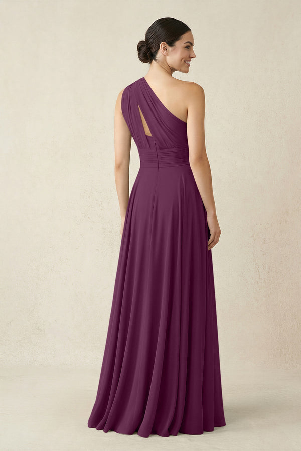 One - Shoulder A - Line Pleated Chiffon Bridesmaid Dress in Fig - KissProm Bridesmaid Dresses