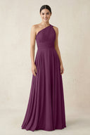One - Shoulder A - Line Pleated Chiffon Bridesmaid Dress in Fig - KissProm Bridesmaid Dresses
