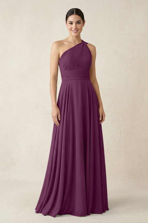 One - Shoulder A - Line Pleated Chiffon Bridesmaid Dress in Fig - KissProm Bridesmaid Dresses