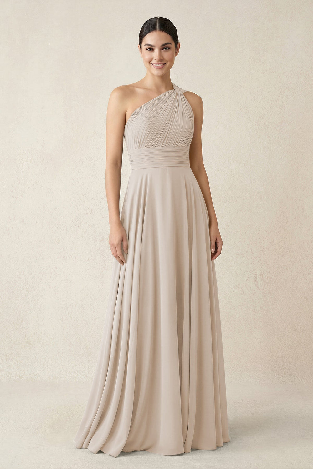 One - Shoulder A - Line Pleated Chiffon Bridesmaid Dress in Frost - KissProm Bridesmaid Dresses