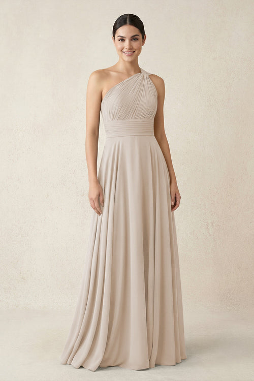 One - Shoulder A - Line Pleated Chiffon Bridesmaid Dress in Frost - KissProm Bridesmaid Dresses