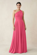 One - Shoulder A - Line Pleated Chiffon Bridesmaid Dress in Fuchsia - KissProm Bridesmaid Dresses