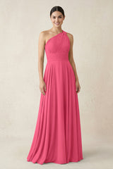 One - Shoulder A - Line Pleated Chiffon Bridesmaid Dress in Fuchsia - KissProm Bridesmaid Dresses