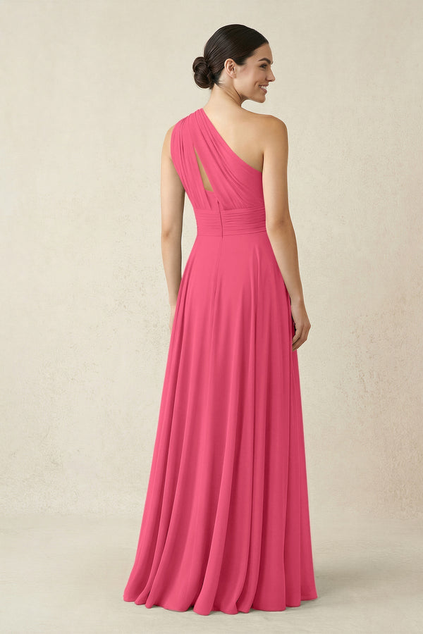 One - Shoulder A - Line Pleated Chiffon Bridesmaid Dress in Fuchsia - KissProm Bridesmaid Dresses