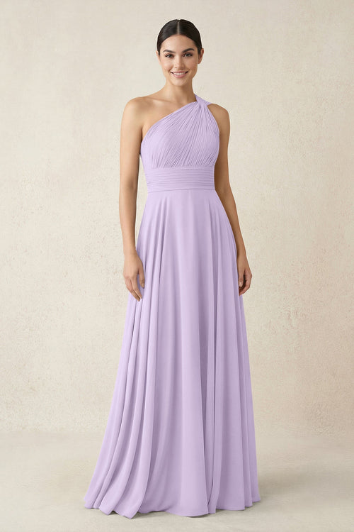 One - Shoulder A - Line Pleated Chiffon Bridesmaid Dress in Lavender - KissProm Bridesmaid Dresses