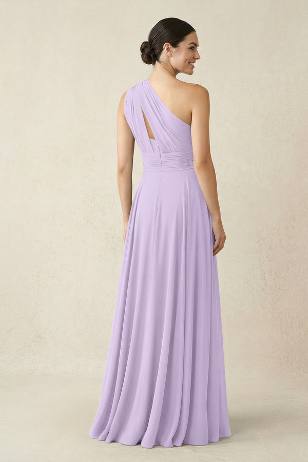 One - Shoulder A - Line Pleated Chiffon Bridesmaid Dress in Lavender - KissProm Bridesmaid Dresses