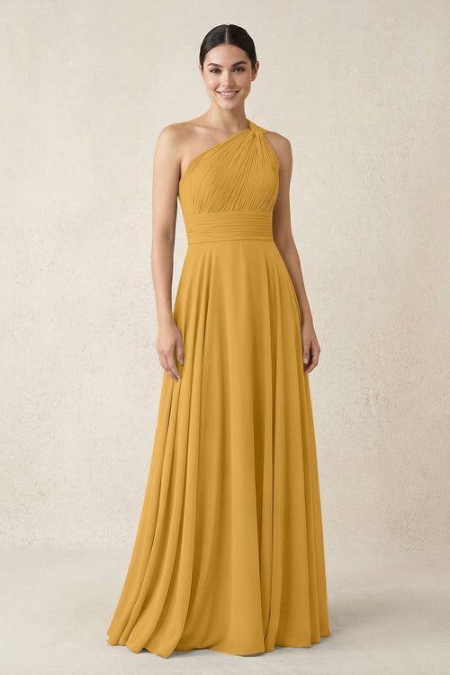 One - Shoulder A - Line Pleated Chiffon Bridesmaid Dress in Marigold - KissProm Bridesmaid Dresses