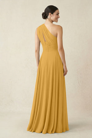 One - Shoulder A - Line Pleated Chiffon Bridesmaid Dress in Marigold - KissProm Bridesmaid Dresses