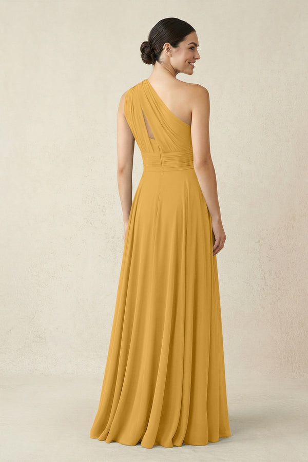 One - Shoulder A - Line Pleated Chiffon Bridesmaid Dress in Marigold - KissProm Bridesmaid Dresses