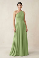 One - Shoulder A - Line Pleated Chiffon Bridesmaid Dress in Matcha - KissProm Bridesmaid Dresses