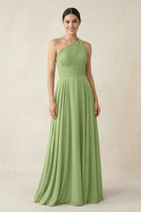 One - Shoulder A - Line Pleated Chiffon Bridesmaid Dress in Matcha - KissProm Bridesmaid Dresses