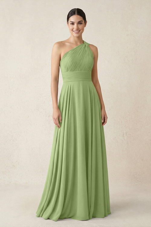One - Shoulder A - Line Pleated Chiffon Bridesmaid Dress in Matcha - KissProm Bridesmaid Dresses