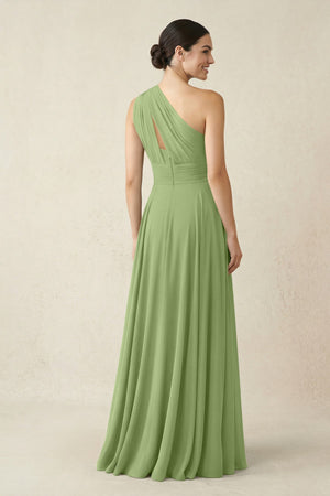 One - Shoulder A - Line Pleated Chiffon Bridesmaid Dress in Matcha - KissProm Bridesmaid Dresses