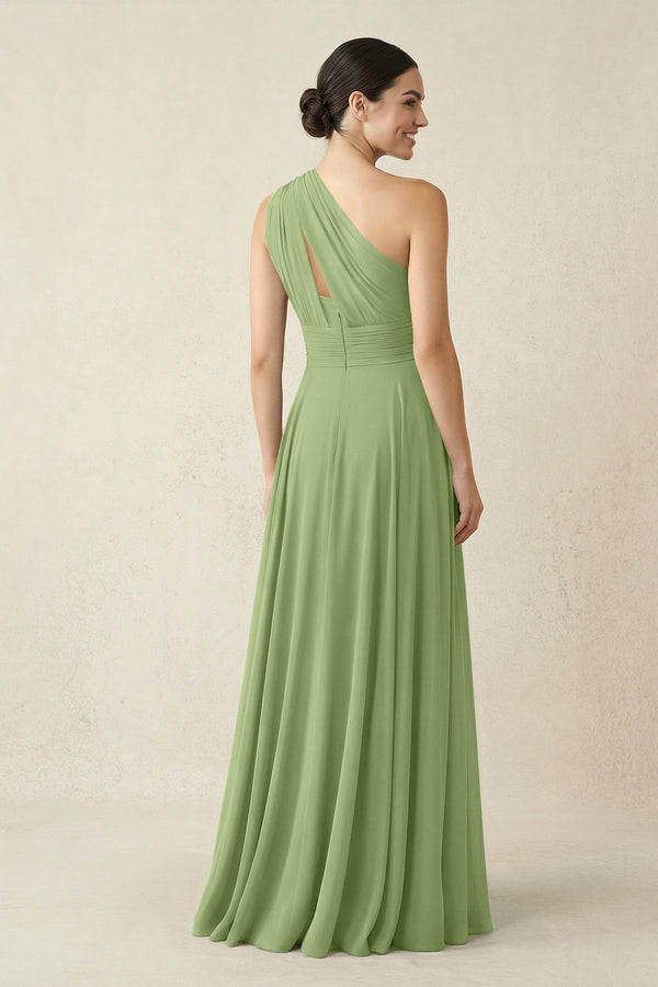 One - Shoulder A - Line Pleated Chiffon Bridesmaid Dress in Matcha - KissProm Bridesmaid Dresses