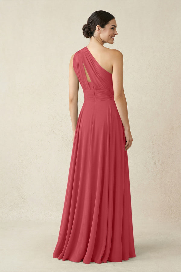 One - Shoulder A - Line Pleated Chiffon Bridesmaid Dress in Merlot - KissProm Bridesmaid Dresses