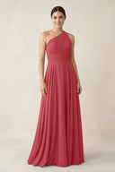 One - Shoulder A - Line Pleated Chiffon Bridesmaid Dress in Merlot - KissProm Bridesmaid Dresses