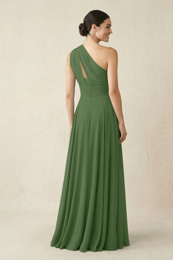 One - Shoulder A - Line Pleated Chiffon Bridesmaid Dress in Moss - KissProm Bridesmaid Dresses