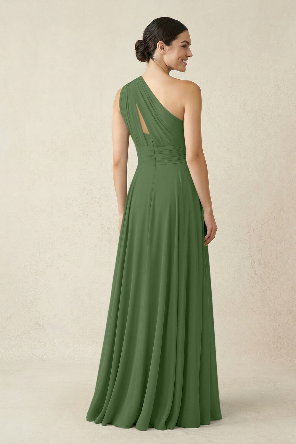 One - Shoulder A - Line Pleated Chiffon Bridesmaid Dress in Moss - KissProm Bridesmaid Dresses